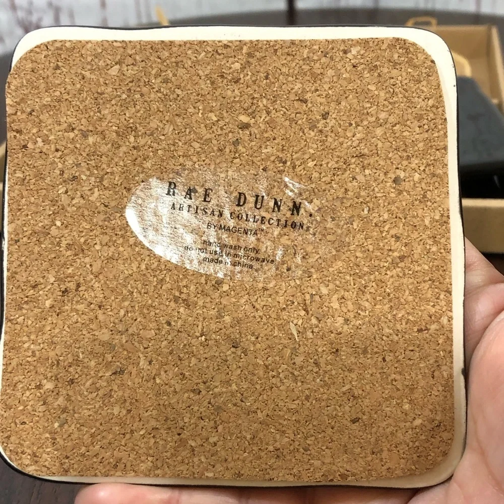 RAE DUNN Set of 4 Black Gold Lettered Coasters - 
